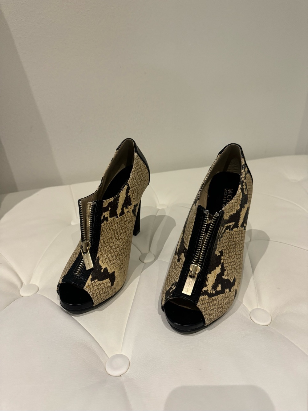 Michael Kors Peep-Toe Snake Print Zip Booties in Tan and Black